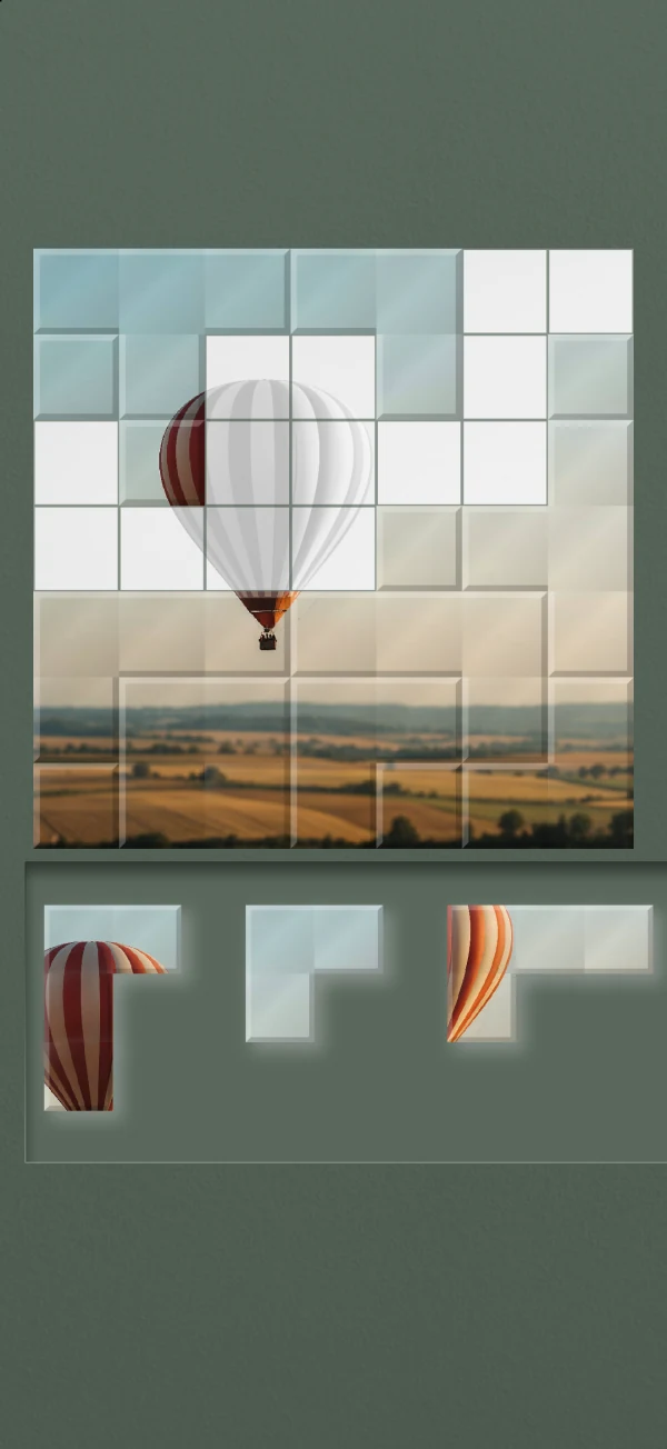A peaceful hot air balloon puzzle, partly complete with four pieces in the tray.