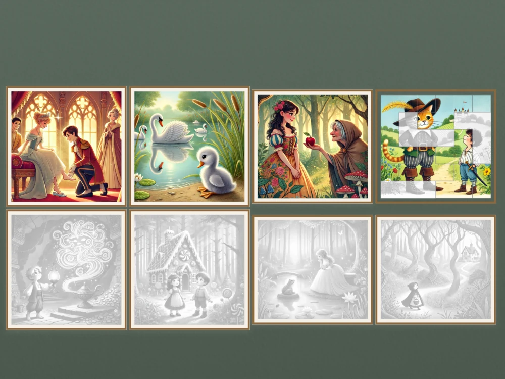 Tessera's fairy tale gallery, with colourful storybook pictures and puzzles still to complete.