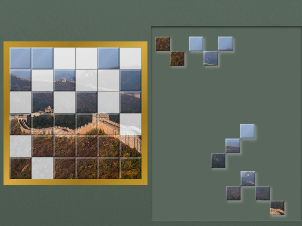 The Great Wall puzzle in landscape on iPad, with zigzag shaped pieces beside the board.