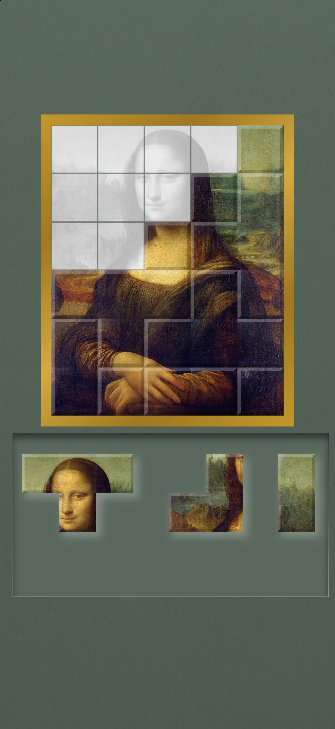 Mona Lisa partly assembled, with three shaped picture pieces remaining in the tray.