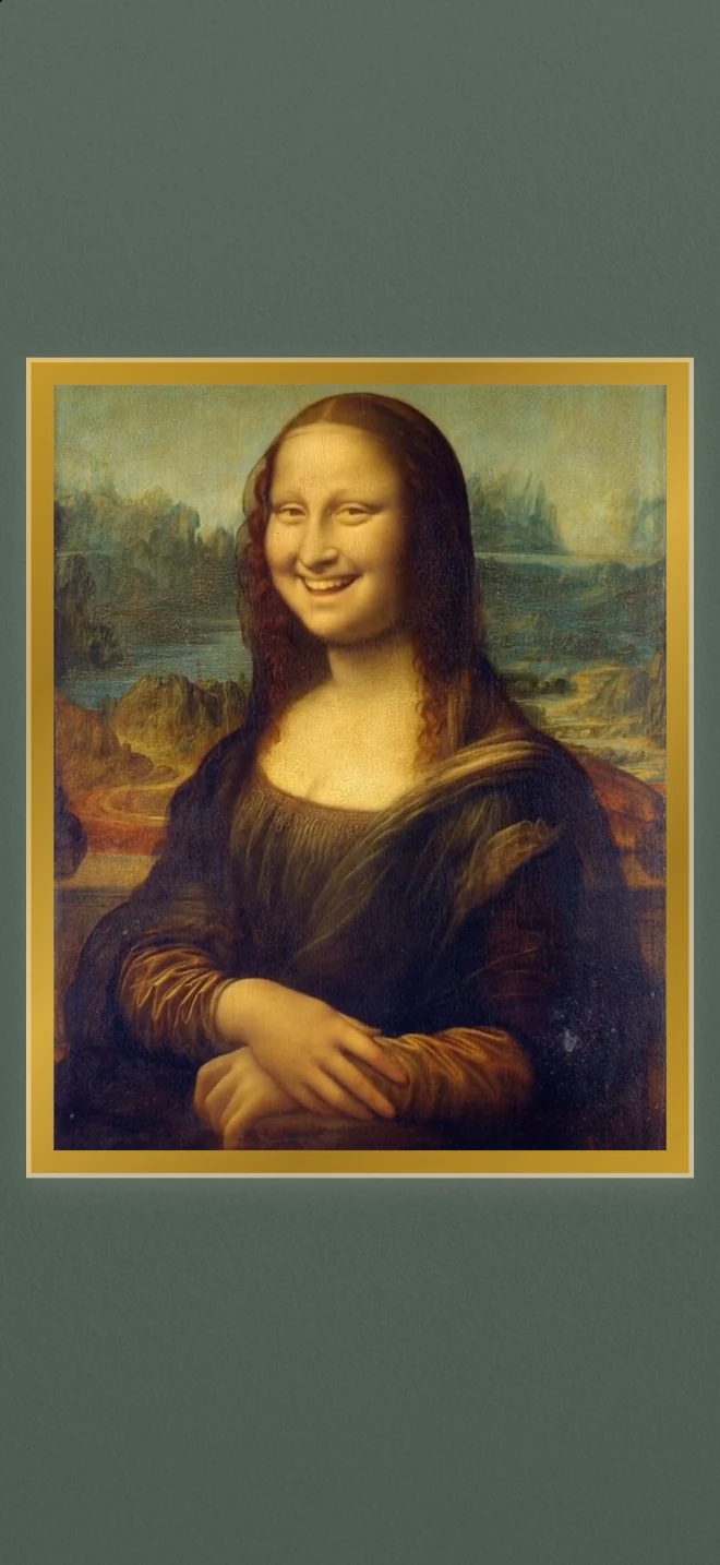 The completed Mona Lisa smiling during her animated reveal.