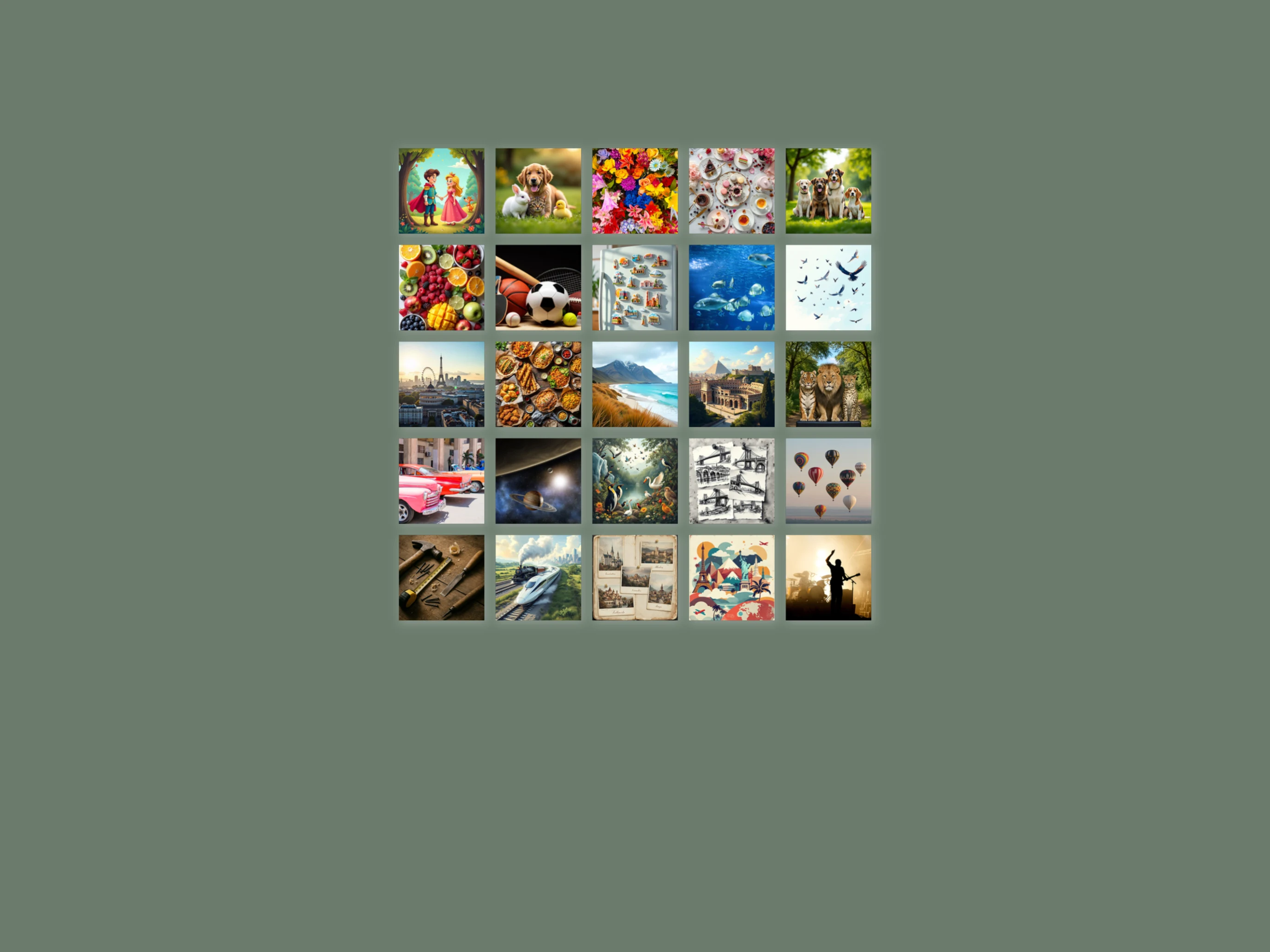 The Full Game collections wall: fairy tales, pets, flowers, cities, oceans, birds, trains, space and more.